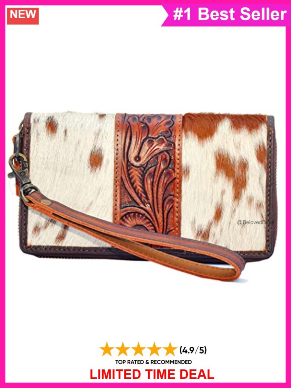 Cowhide Leather Clutch Wallet Hand Tooled Zip Card Case